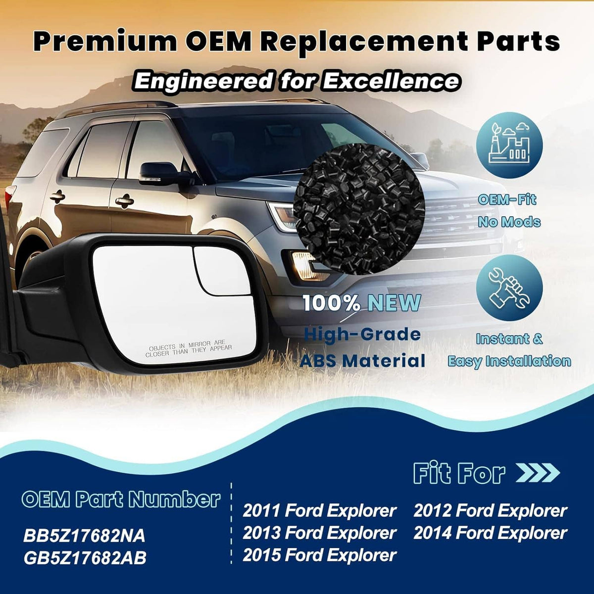 Solidspare Power Mirror For Ford Explorer 2011-2015 Right Side Manual Fold Textured Black