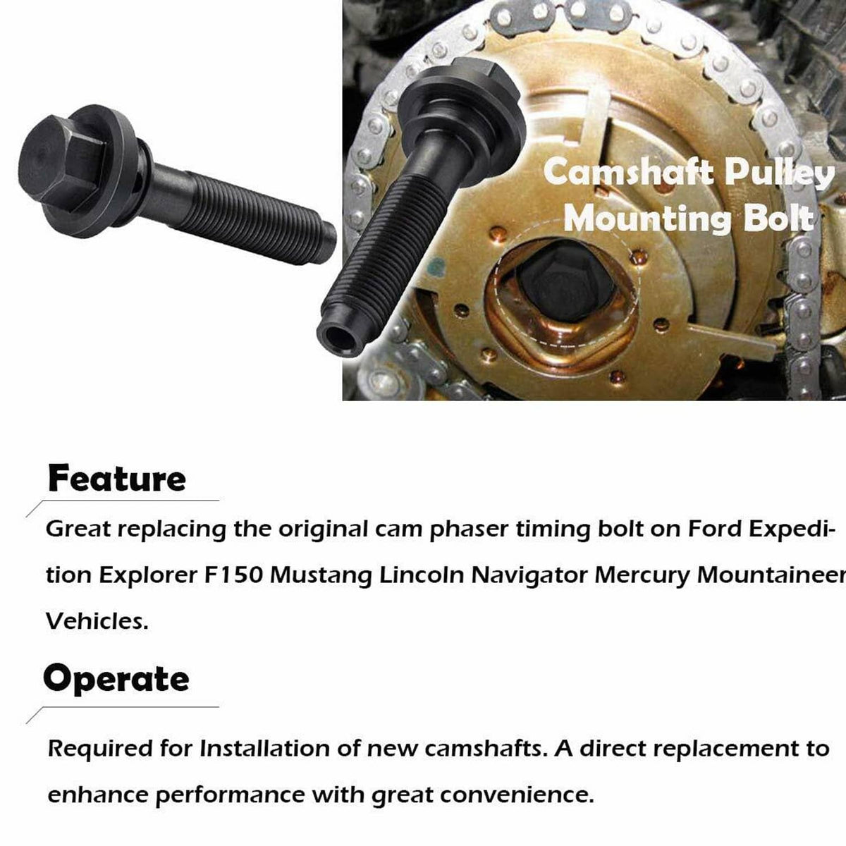 Solid Spare Cam Phaser Lock Out Kit, Camshaft Pulley Mounting Bolt and Timing Chain for Ford