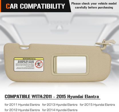Solidspare New Beige Sun Visor w/Mirror Right & Left Side For 2011-2015 Hyundai Elantra