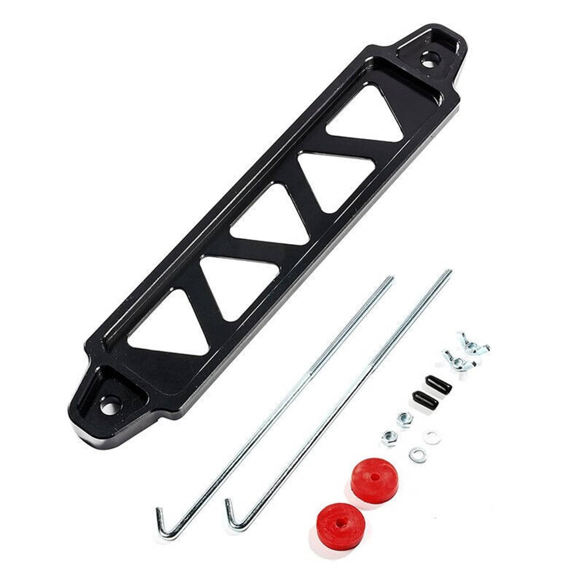 Solidspare Aluminum Black Car Battery Hold Tie Down Bracket Mount Kit + 10'' J-Hooks Bolts