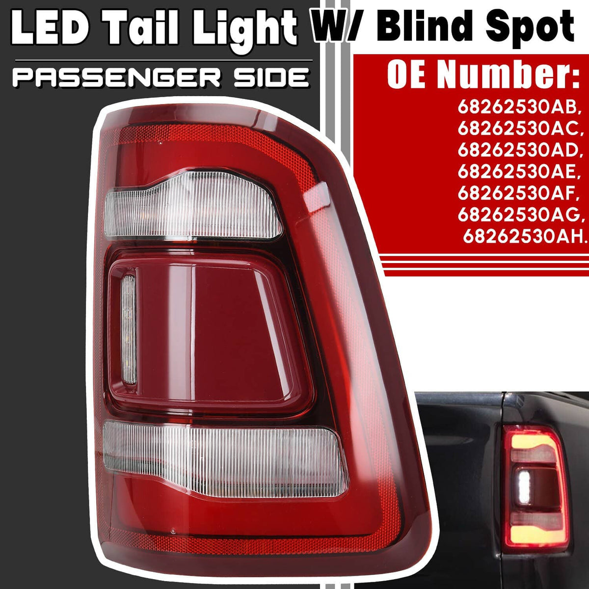 Solidspare LED Right Side Tail Light W/ Blind Spot 68262530AH For 2019-2023 Dodge RAM 1500
