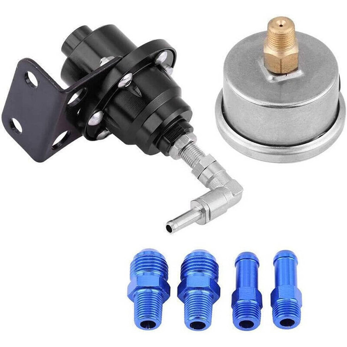 Solidspare Aluminum Universal Adjustable Fuel Pressure Regulator + Gauge+ Fitting Kit Black