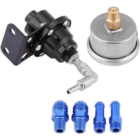 Solidspare Aluminum Universal Adjustable Fuel Pressure Regulator + Gauge+ Fitting Kit Black