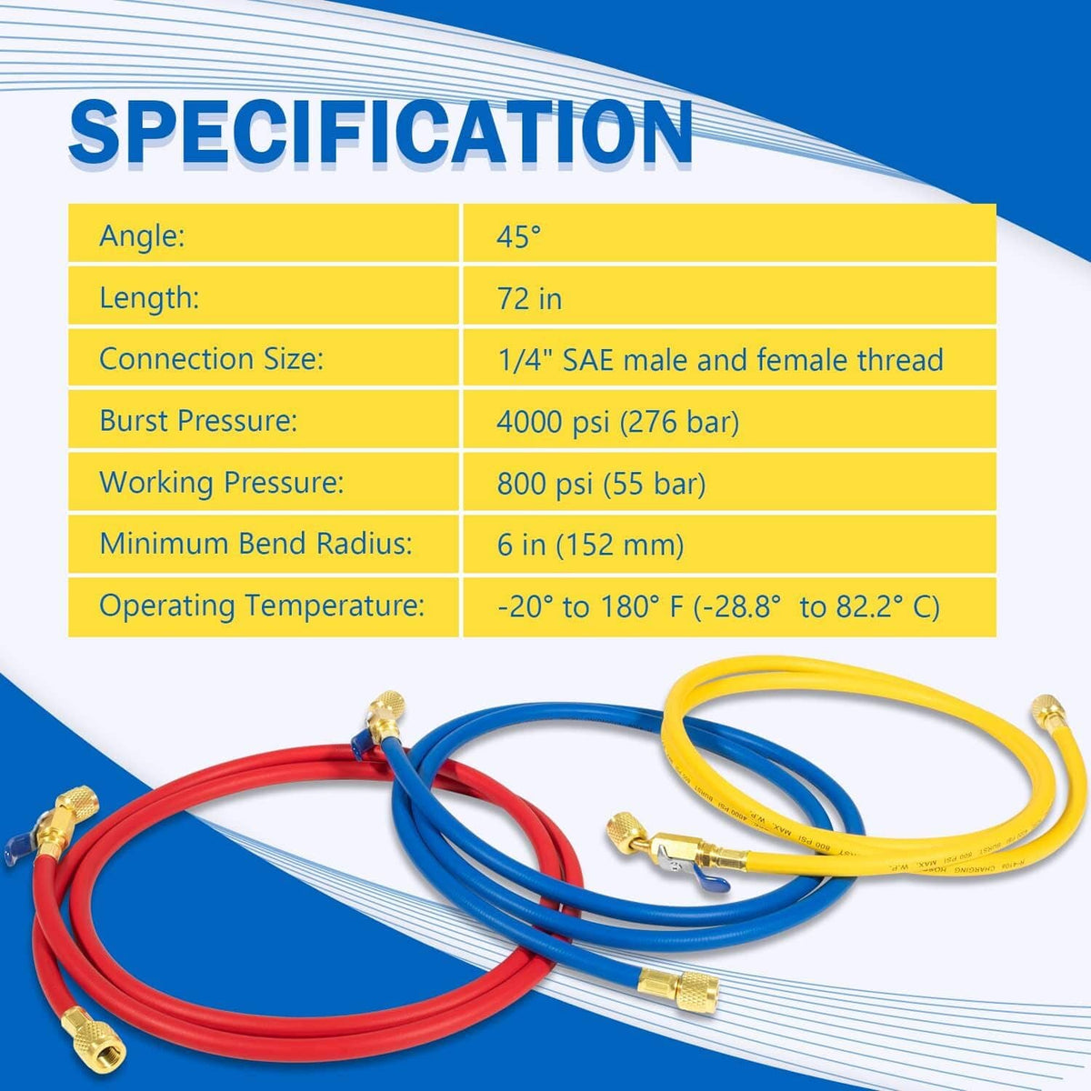 Solidspare 29986 Plus II 72" Hose 1/4" Compact Ball Valve End Refrigerant Charging Hose