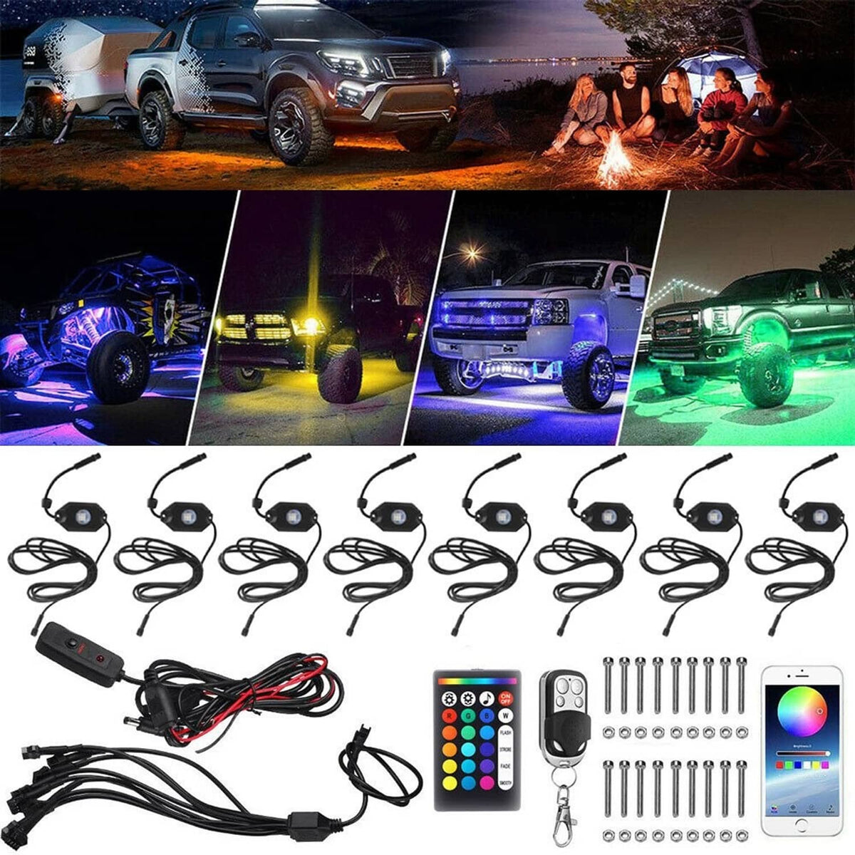 Solidspare 8x Pods RGB LED Rock Light Offroad Wireless Bluetooth APP Music Controller