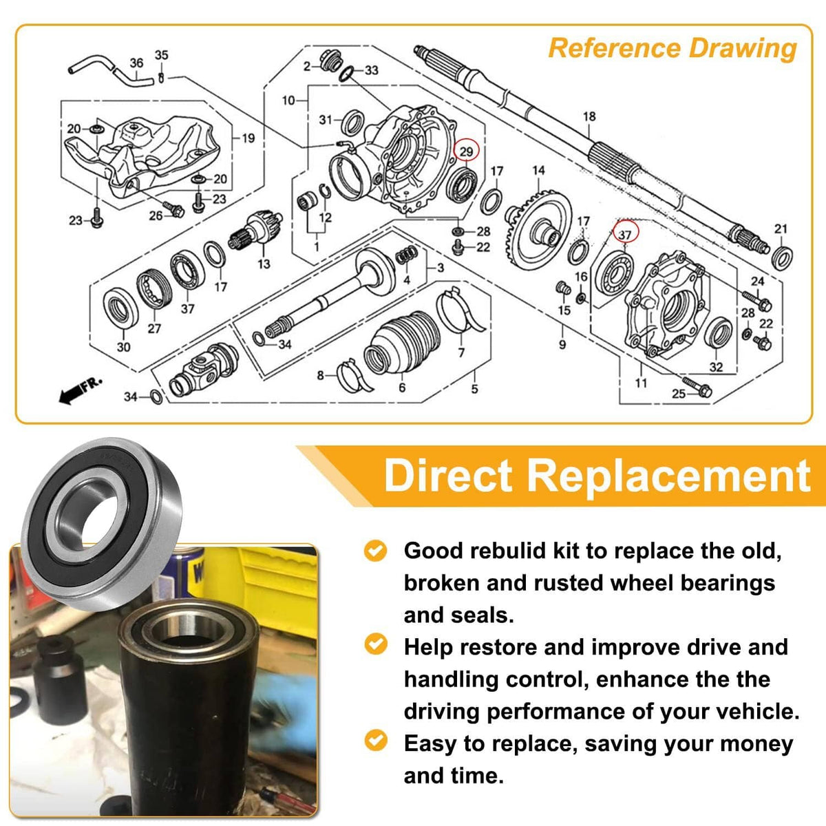 Solid Spare Rear Wheel Axle Bearing Kit for Honda Rancher 420(SRA) TRX420,Foreman 500 TRX500