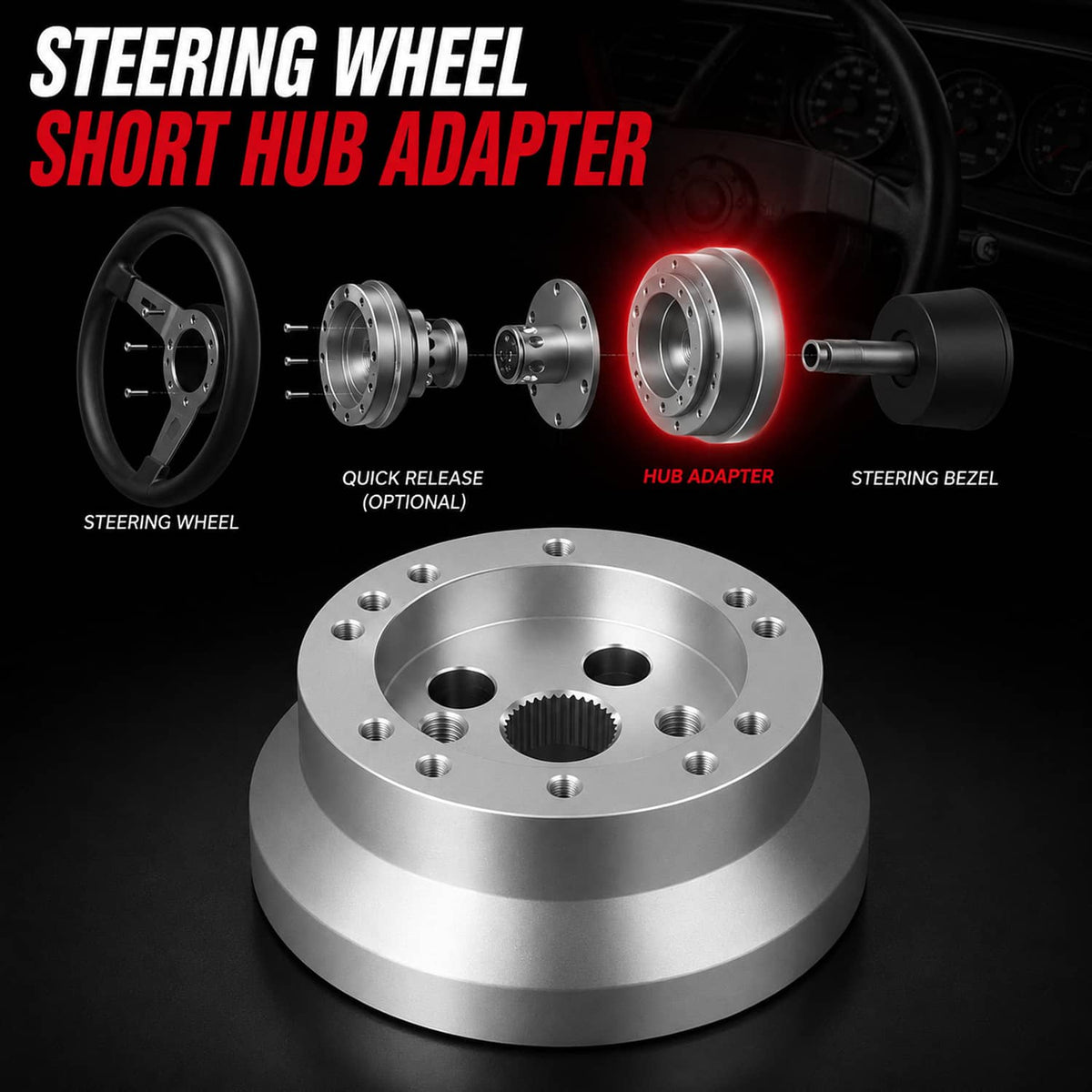 Solidspare Silver 5 & 6 Hole Steering Wheel Polished Hub Adapter For GM Chevy Aluminum