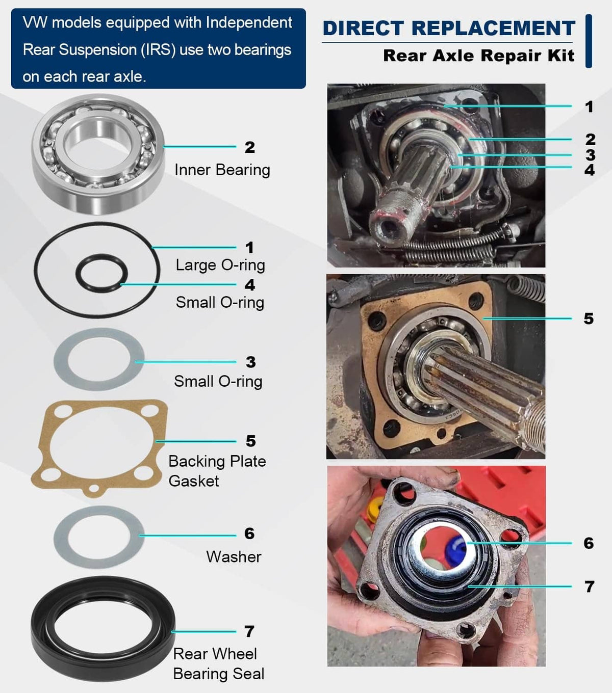 Solid Spare Rear IRS Wheel Bearing Kit w/Seals for Volkswagen VW Type 1 Bug/GHIA 1968-1979