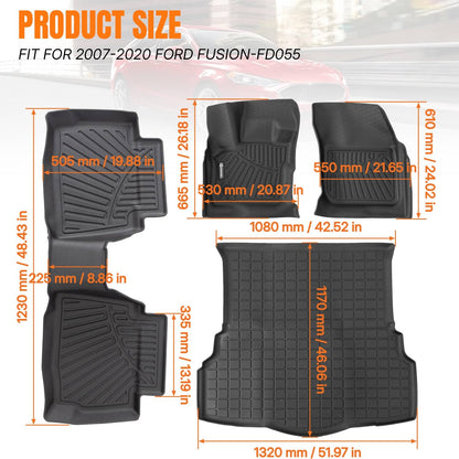 Solidspare Floor Mats & Cargo Liner for Ford Fusion 2017-2020 (1st & 2nd Row & Trunk Mat)
