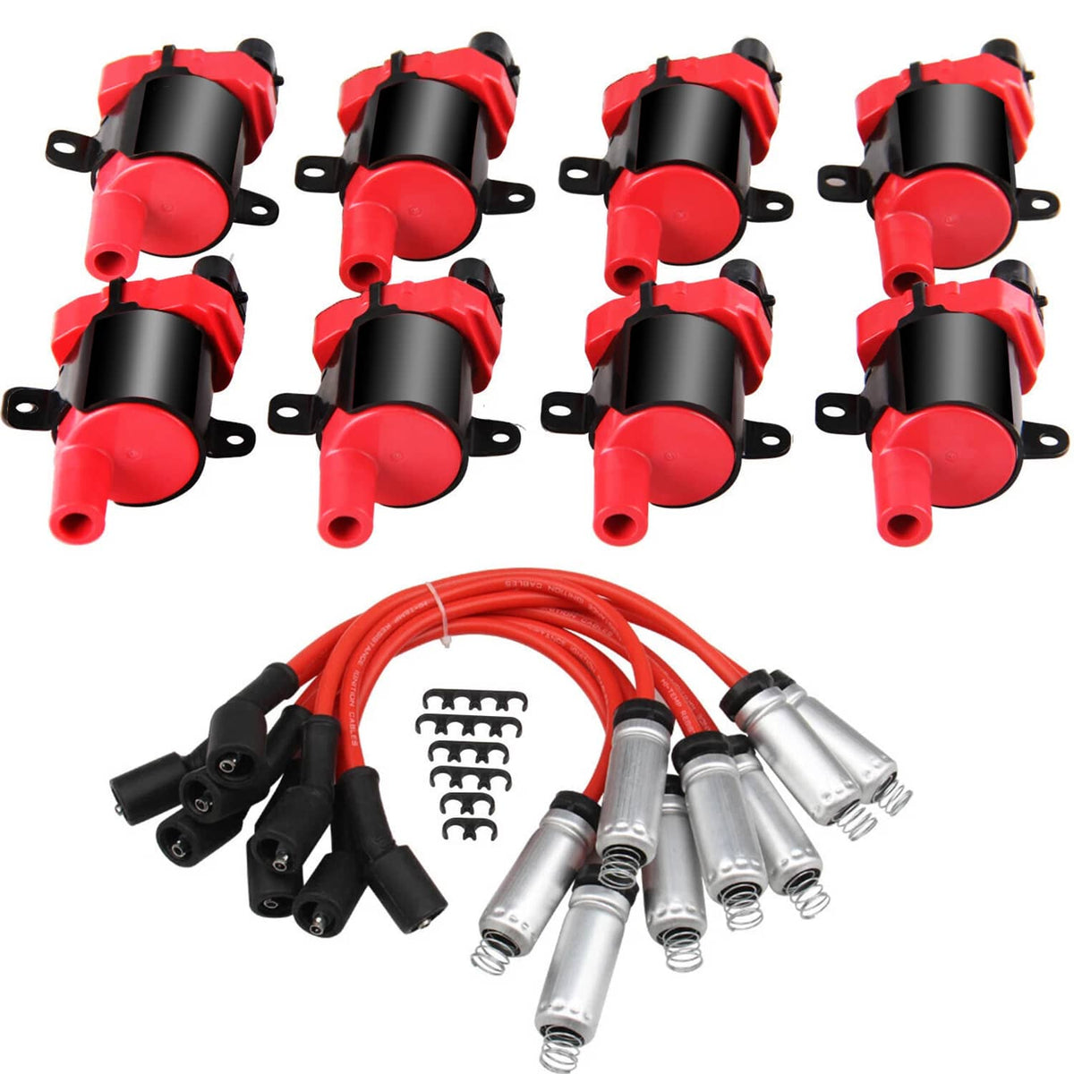 Solidspare 8PACK Round Ignition Coil and Spark Plug Wire For Chevy Silverado 1500 2500 GMC