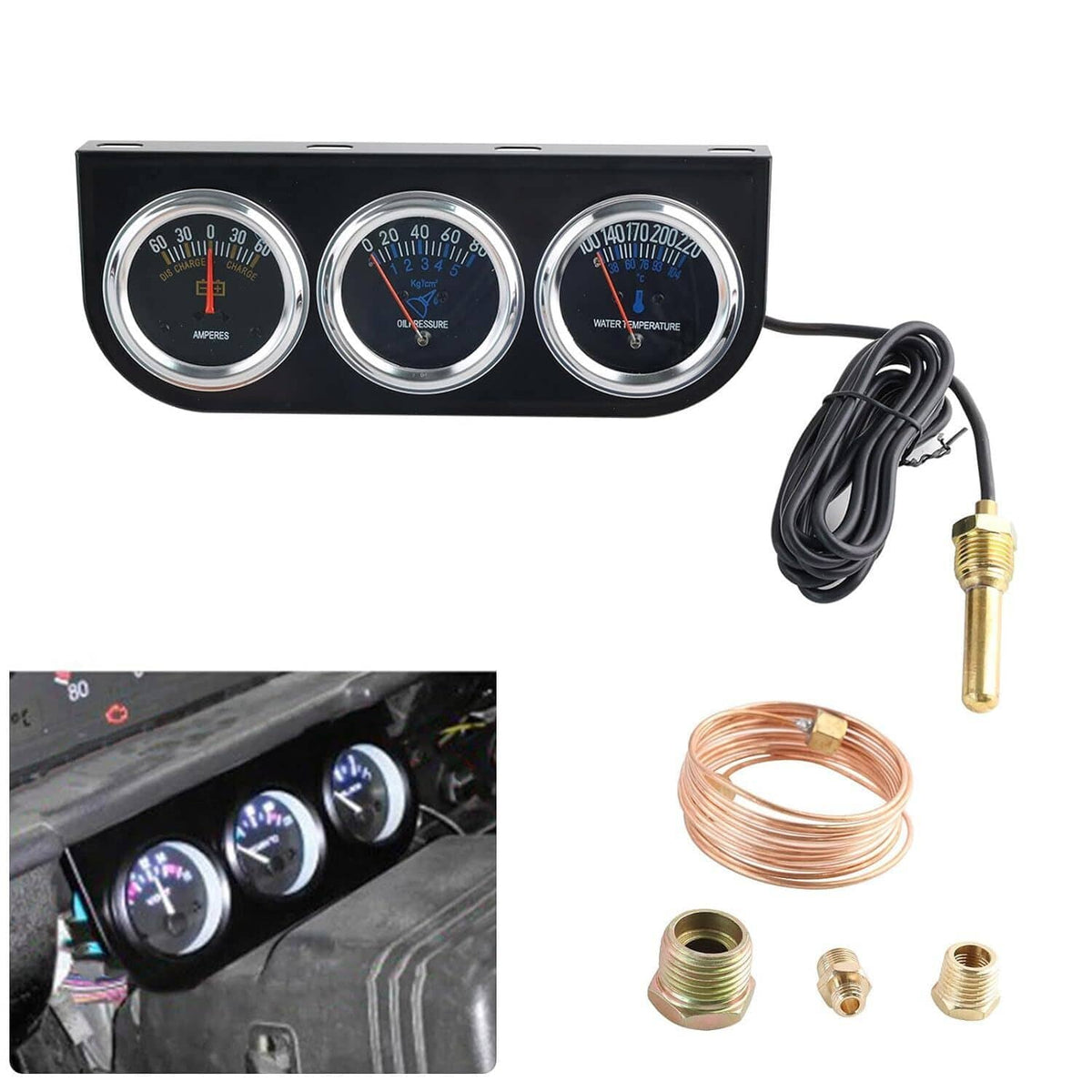 Solidspare Black 2" 52mm Car 3 in 1 Triple Gauge Set Kit AMP Meter Water Temp Oil Pressure