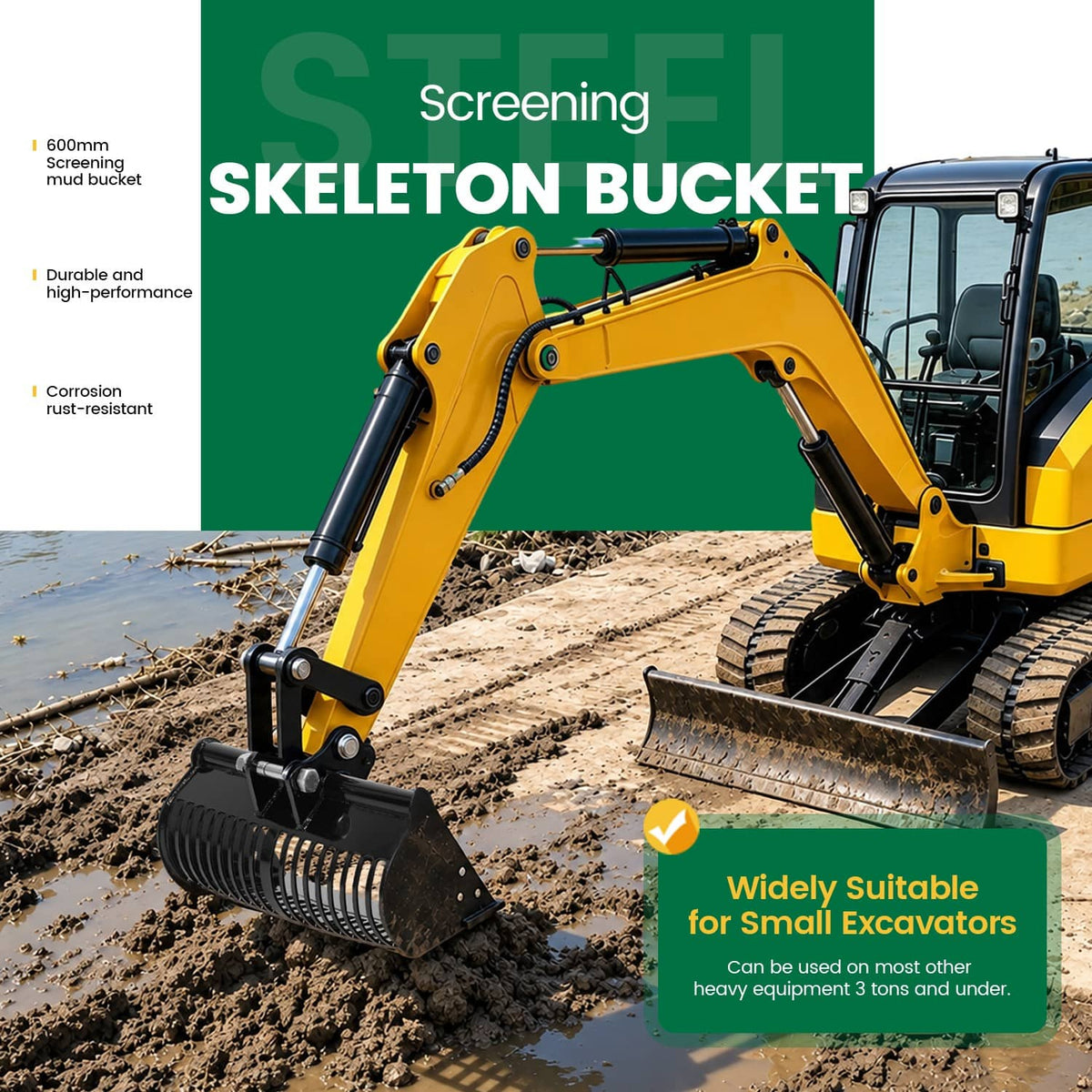 Solidspare 600mm Mud Bucket Mini Excavators Digger Screening Skeleton Attachment