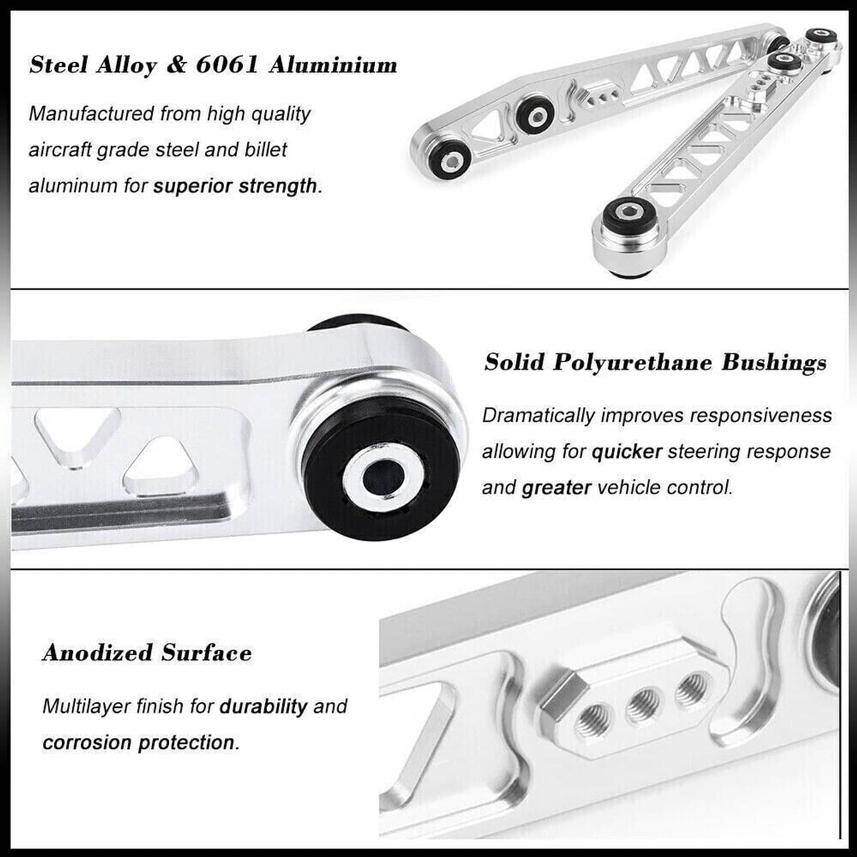Solidspare Rear Lower Control Arms Subframe Brace Tie Bar for Honda Civic EK 96-00 Silver