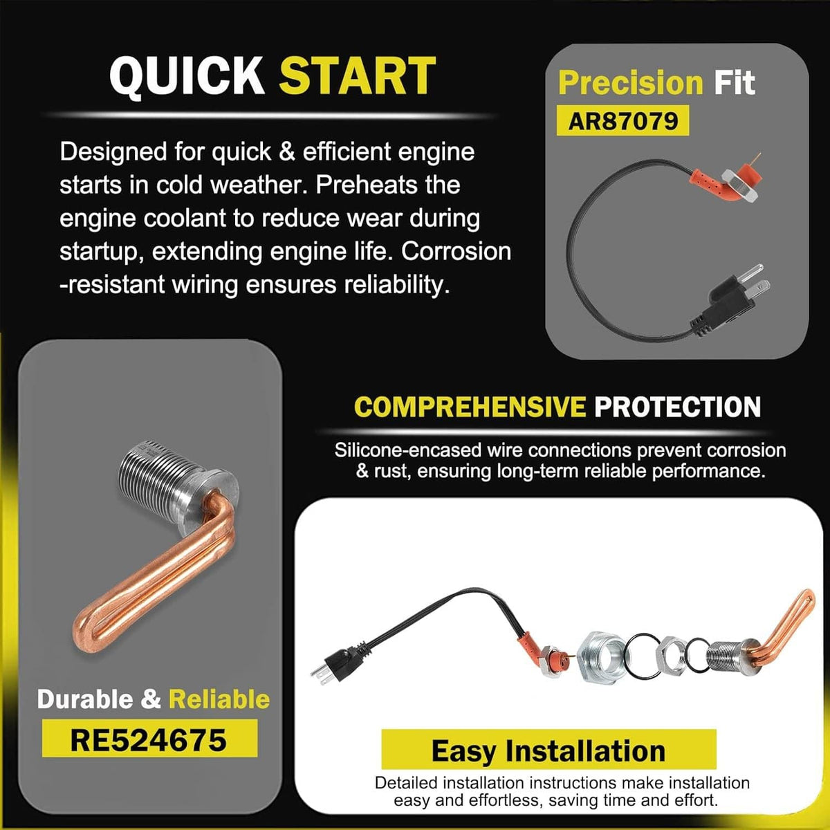 Solidspare DZ102076 Engine Coolant Heater Kit for John Deere Tractors, Engine Block Heater