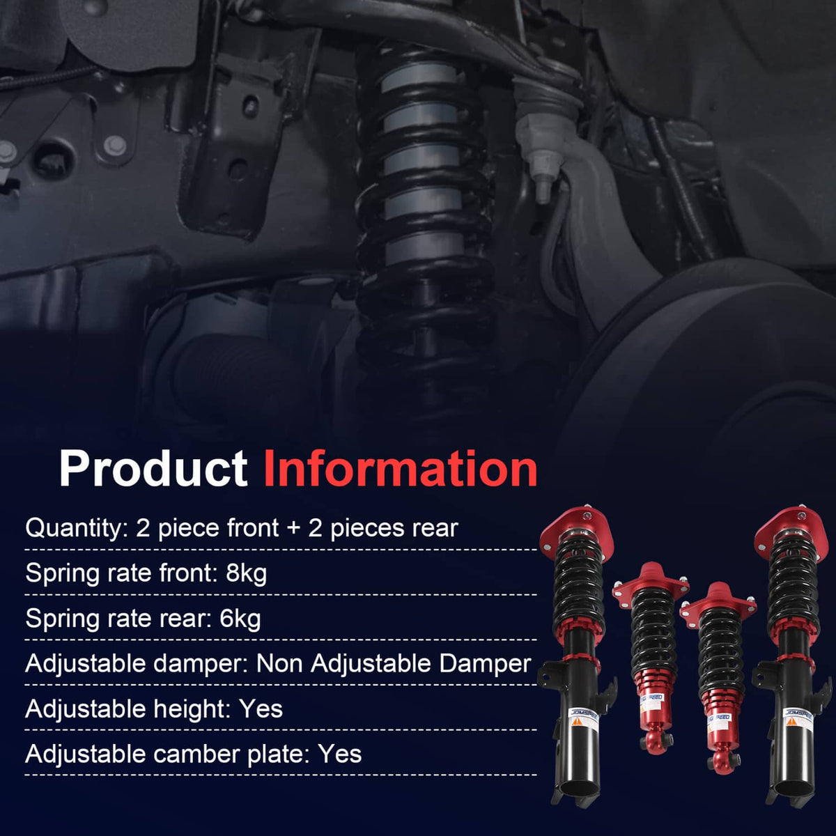 Solidspare Red Front & Rear Full Coilover Struts Adjustable Height For 2005-2010 Scion tC