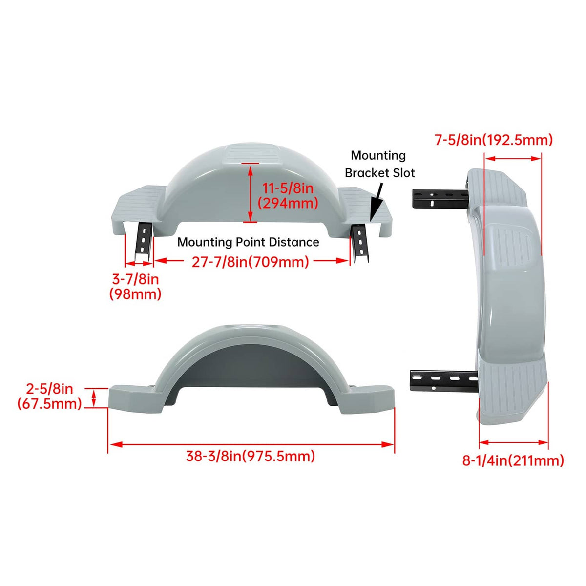 Solidspare 2 pcs Single Axle Trailer Fenders For 13" Wheels Tire Skirt Boat Gray