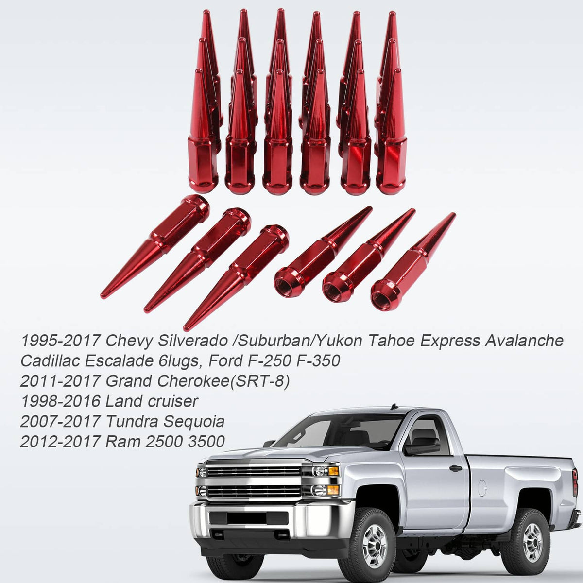 Solidspare 24 PCS Spike Lug Nuts 14x1.5 Red For Chevy Silverado Tahoe 4.4" Tall W/ Key