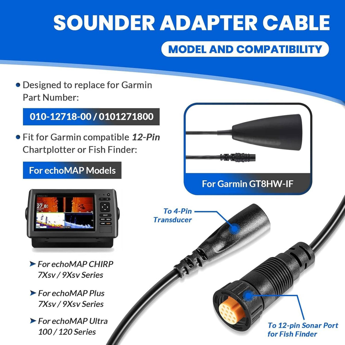 Solidspare for Garmin 010-12718-00 Sounder Adapter Cable, 4- to 12-Pin, for Garmin echoMAP