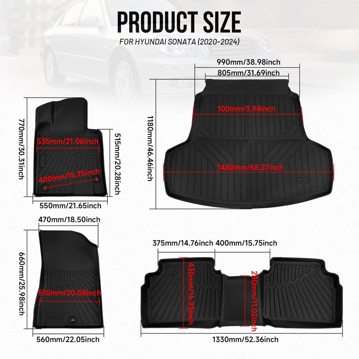 Solidspare Floor Mats for Hyundai Sonata 2020-2024 / Kia K5 2021-2025 FWD with Cargo Liner