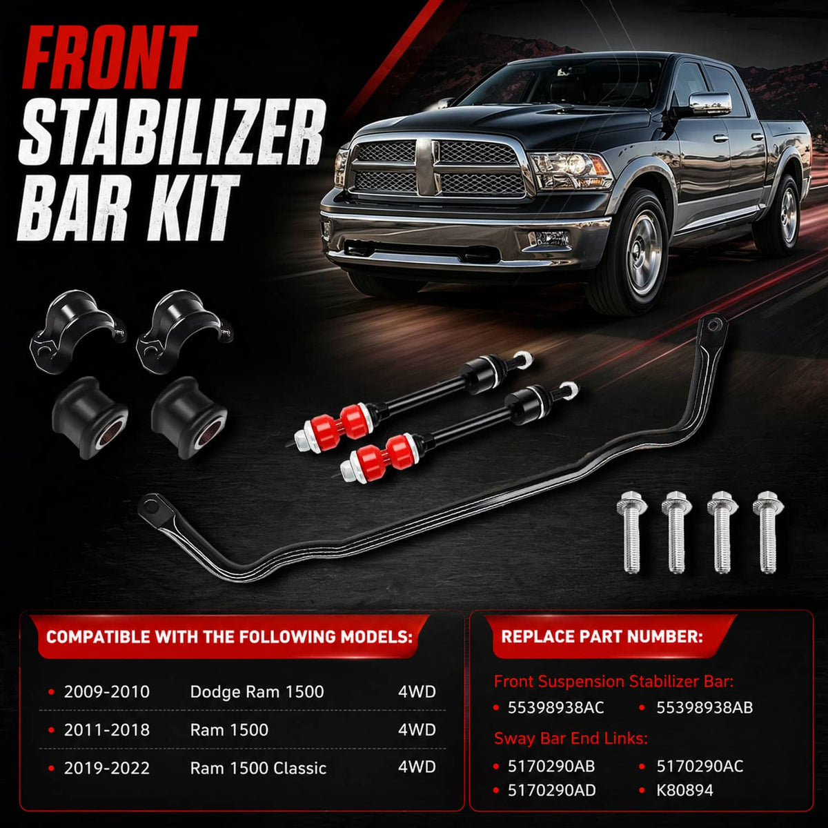 Solidspare New Front Stabilizer Bar Kit & K80894 Sway Bar Front Sway Bar & Links 55398938AC
