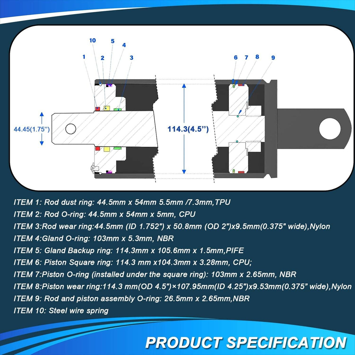 Solid Spare 4.5" Bore x 1.75" Rod Cylinder Hydraulic Log Splitter Cylinder Rebuild Seal Kit