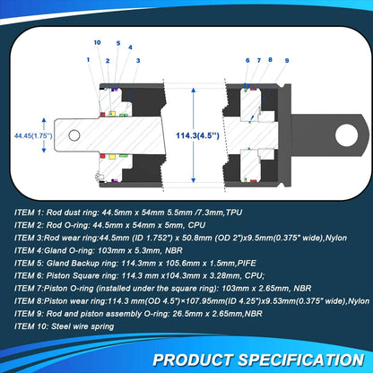 Solid Spare 4.5" Bore x 1.75" Rod Cylinder Hydraulic Log Splitter Cylinder Rebuild Seal Kit