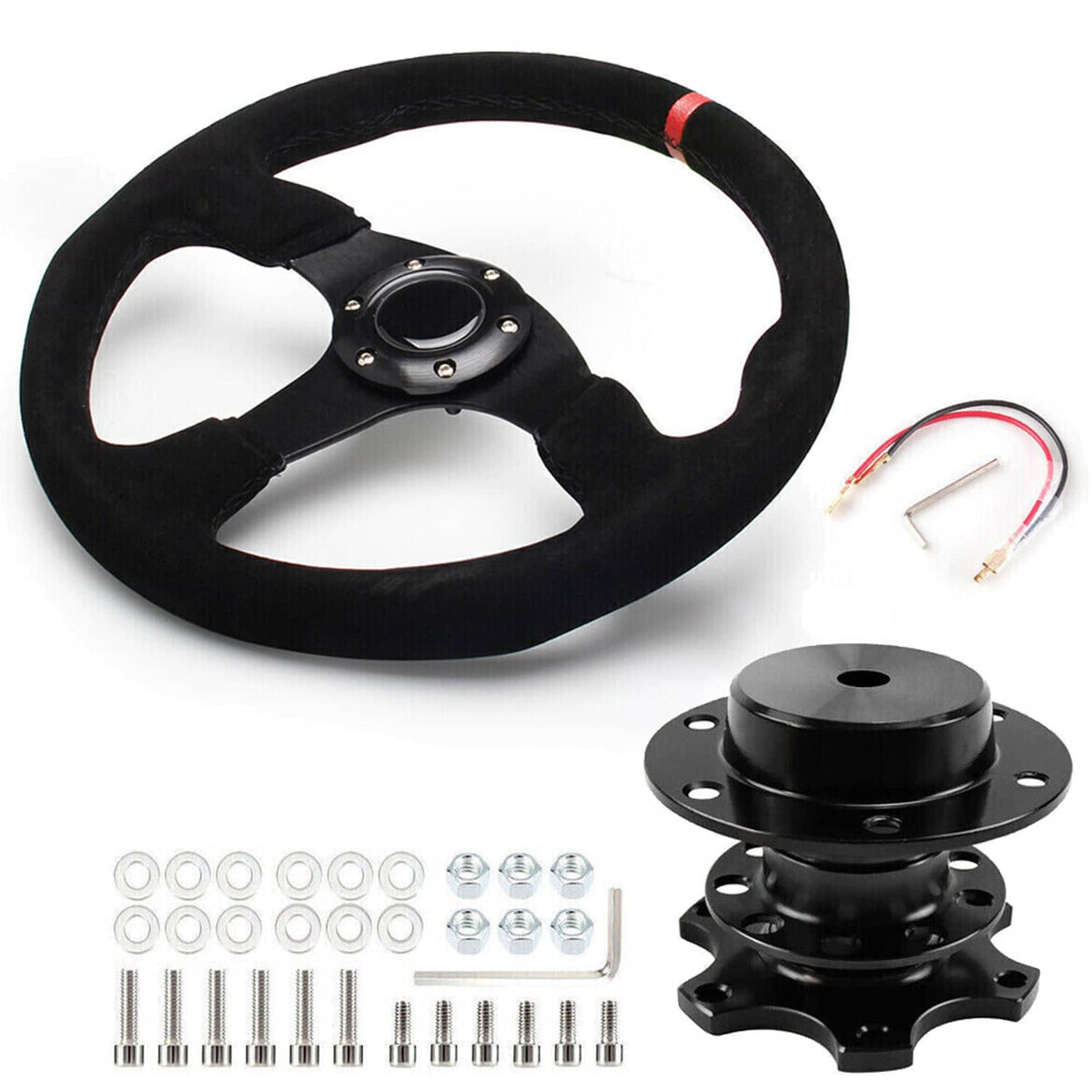 Solidspare 14" 350mm Racing Suede Leather Steering Wheel w/ Horn Button+Quick Release Kit