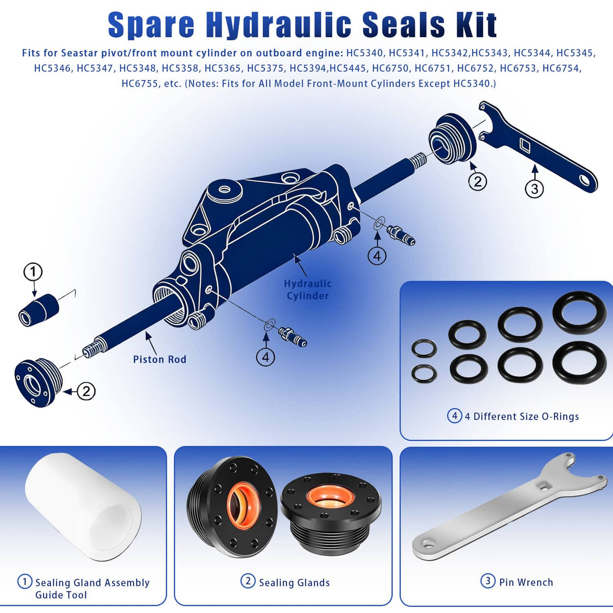 Solidspare For HS5157 Seastar HC5345 Front Mount Hydraulic Steering Cylinder Seals Kit