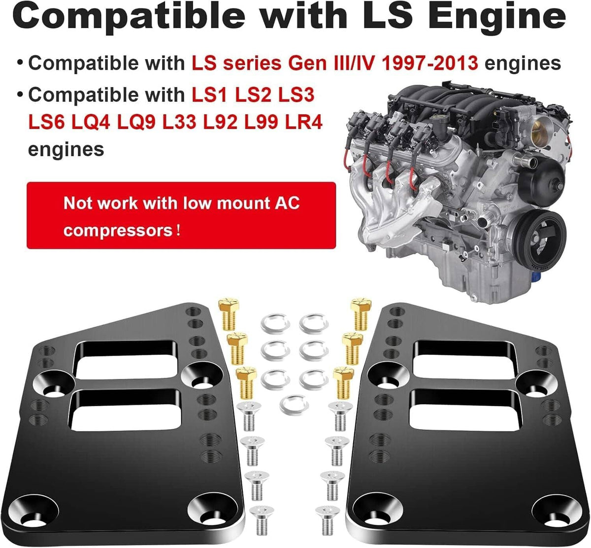 Solidspare Black Billet LS Engine Mounts Motor Mount Adapter Plates for LS Swap LS1 LS2 LS3