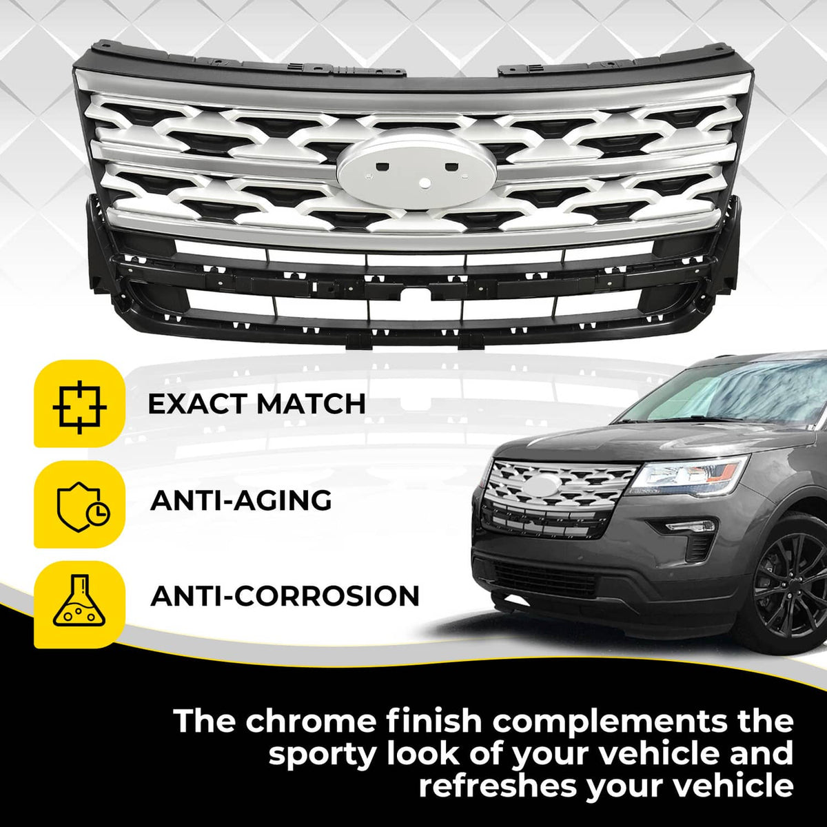 Solid Spare For Ford Explorer 2018 2019 Front Bumper Grill Upper Grille ABS Painted Chrome