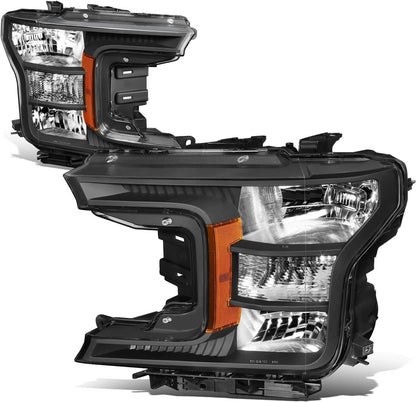 Solidspare Pair Headlights For 2018-2020 Ford F150 Halogen Headlamps Black Clear Right+Left