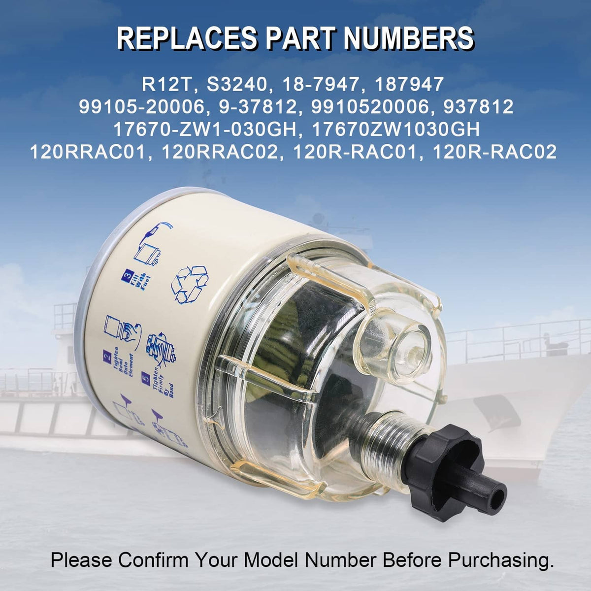 Solidspare R12T Fuel Filter Water Separator Spin-on with Water Collection Bowl For Marine