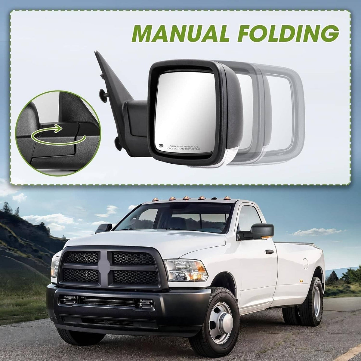 Solidspare Pair Mirror For 2013-2019 Ram 1500 Manual Fold Power Adjust Heated Puddle Light