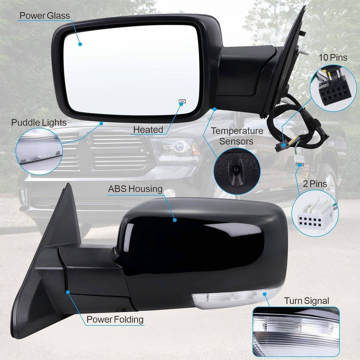 Solidspare 2Pcs Mirrors For 2013-2019 Ram 1500 Power Fold Power Adjust Heated Puddle Light