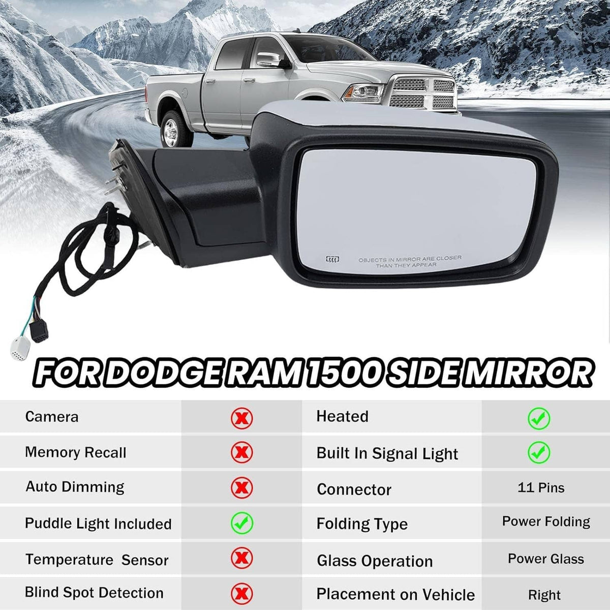 Solidspare For 2013-19 Dodge Ram 1500 Chrome Power Folding Heated Right Mirror & LED Signal