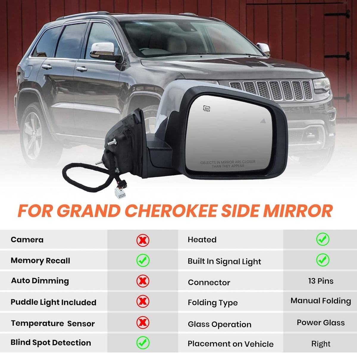 Solidspare Left Side Manual Fold Mirror Blind Spot For 11-22 Jeep Grand Cherokee 68236930AF