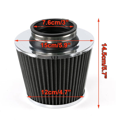 Solidspare 3" 76mm High Flow Inlet Dry Air Filter Cold Air Intake Cone Replacement New