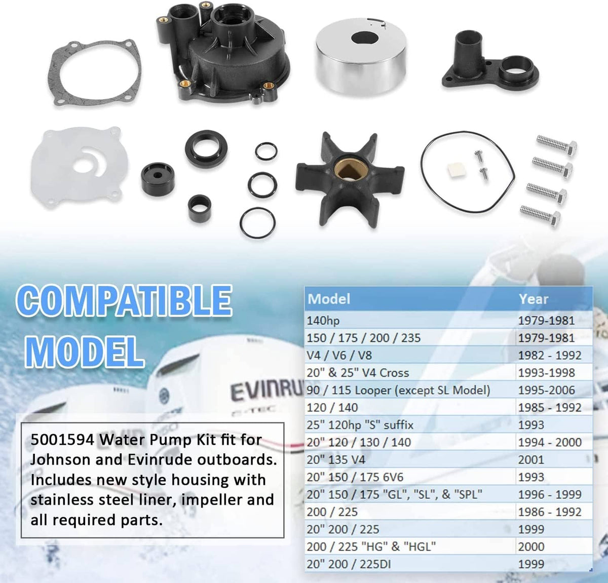 Solid Spare For Johnson Evinrude Water Pump Kit 5001594 BRP/OMC 140hp 150 175 200 V4 V6 V8