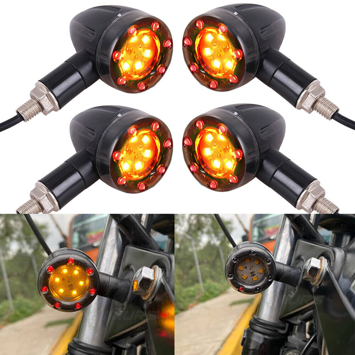Solidspare 4x Universal Motorcycle LED Red Amber Turn Bike Signal Indicators Blinker Lights