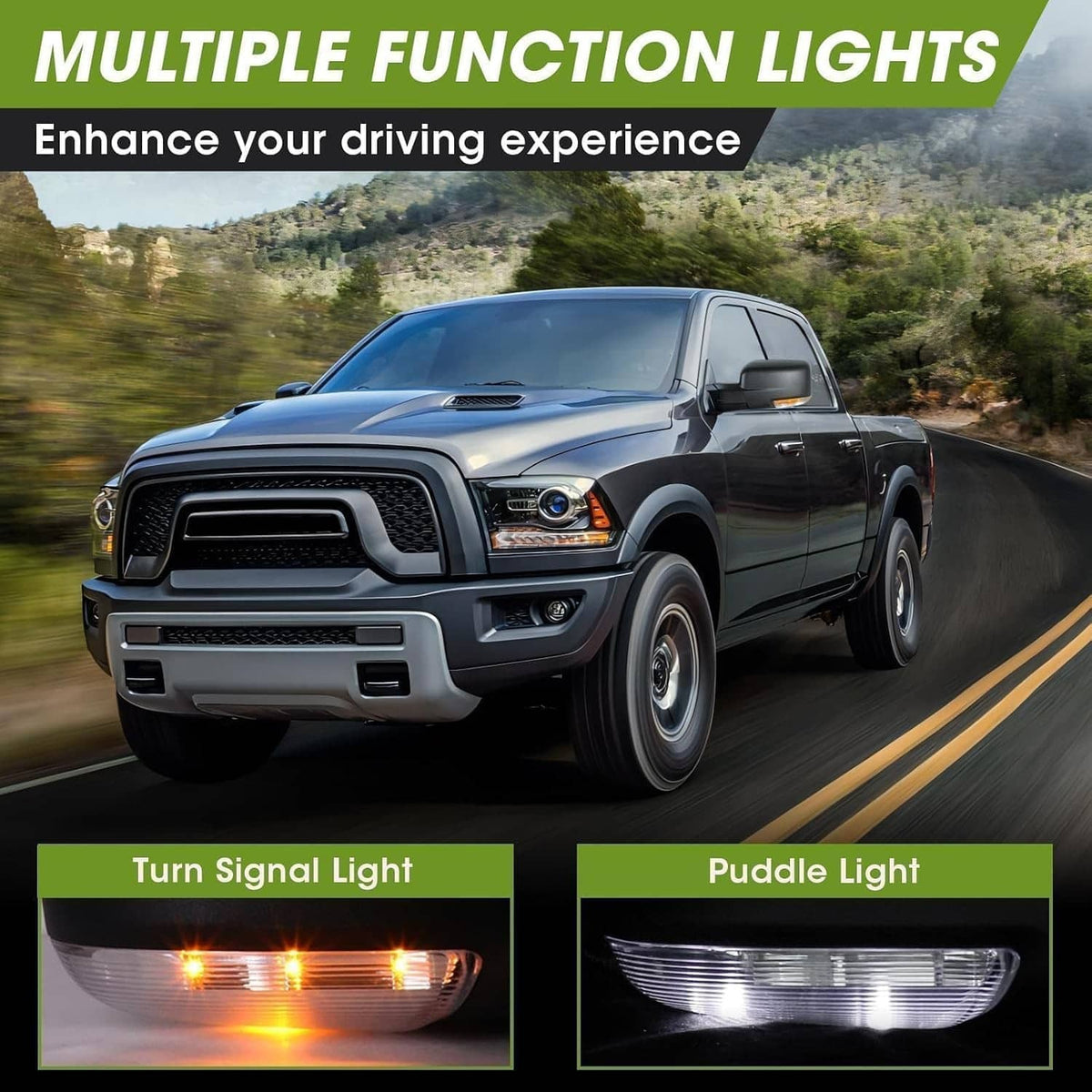 Solidspare Pair Mirror For 2013-2019 Ram 1500 Manual Fold Power Adjust Heated Puddle Light