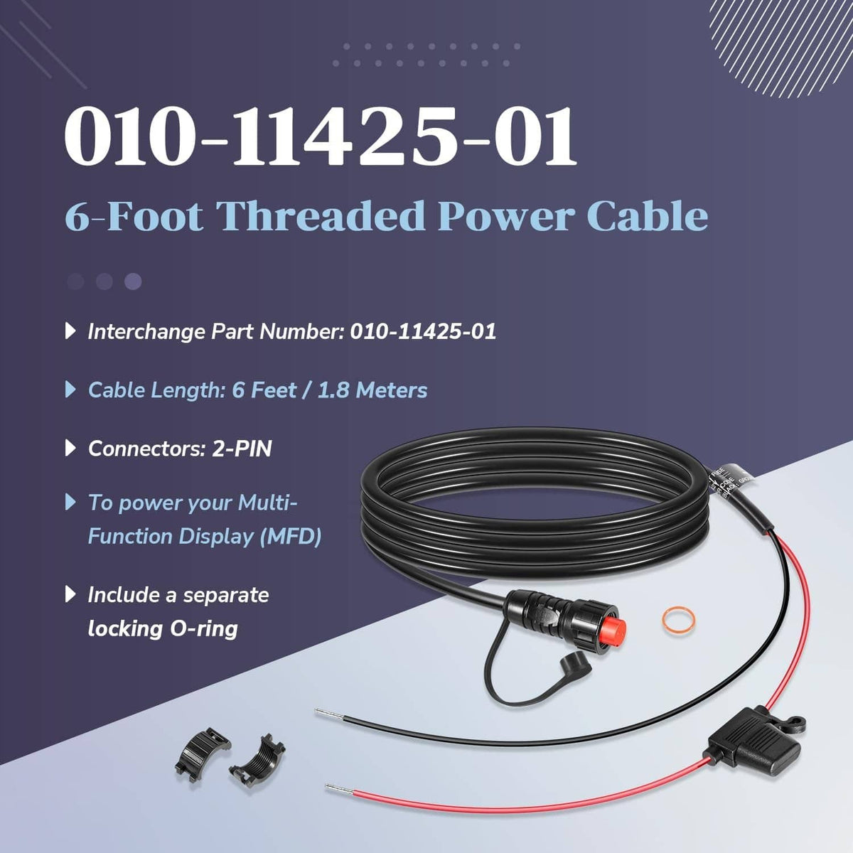 Solidspare Replace for Garmin 010-11425-01 Threaded Power Cable 6ft./1.8m for Garmin GLS