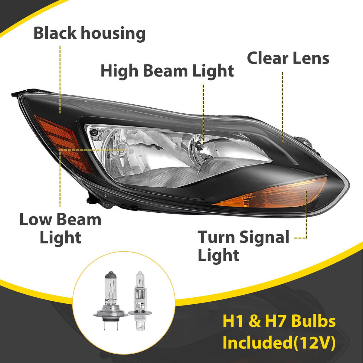 Solid Spare Black Right Passenger Side Headlight Clear Lens Halogen For Ford Focus 2012-2014