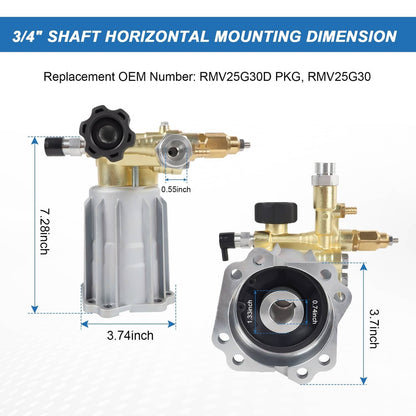 Solidspare RMV2.5G30 PRESSURE WASHER PUMP AXIAL, 2.5GPM 3000 PSI, 3400 RPM, 3/4" SHAFT