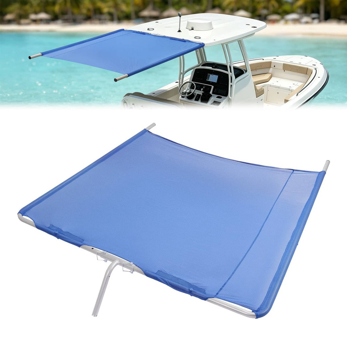 Solidspare Silvery+Blue Boat Sun Shade For Boats 25 FT And Under Aluminium Powder Coated