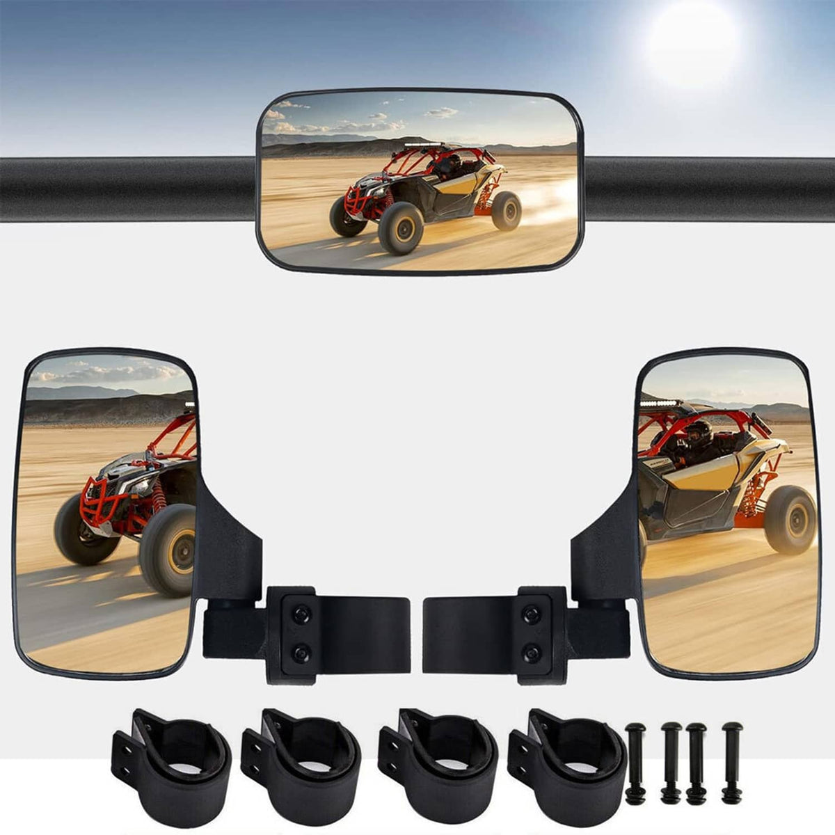 Solidspare UTV Side Mirrors & Center Mirror For 1.75" 2" Roll Bar Polaris RZR Can Am Kubota