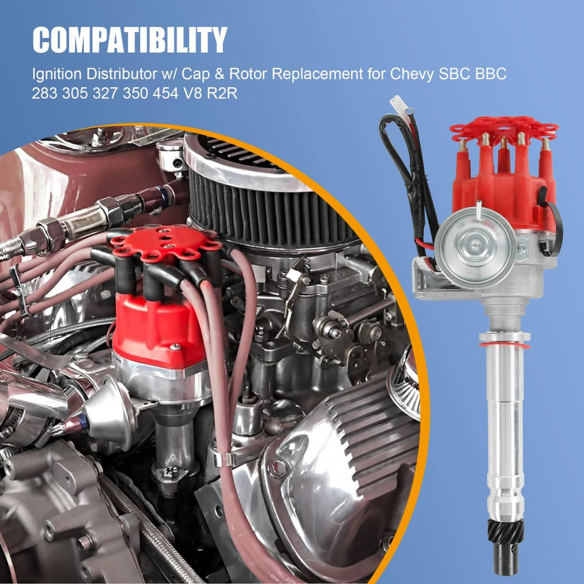 Solidspare Ignition Distributor w/ Cap & Rotor for Chevy SBC BBC 283 305 327 454 350 V8 R2R