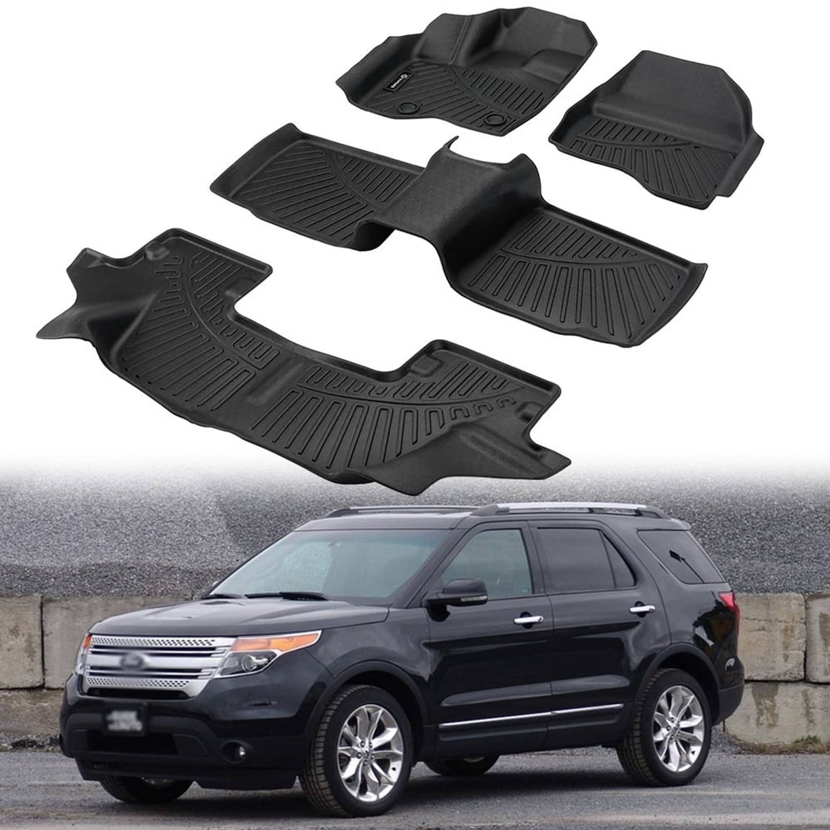 Solidspare For 2011-2014 Ford Explorer Bench Seating TPE All Weather 3 Rows Floor Mats Set
