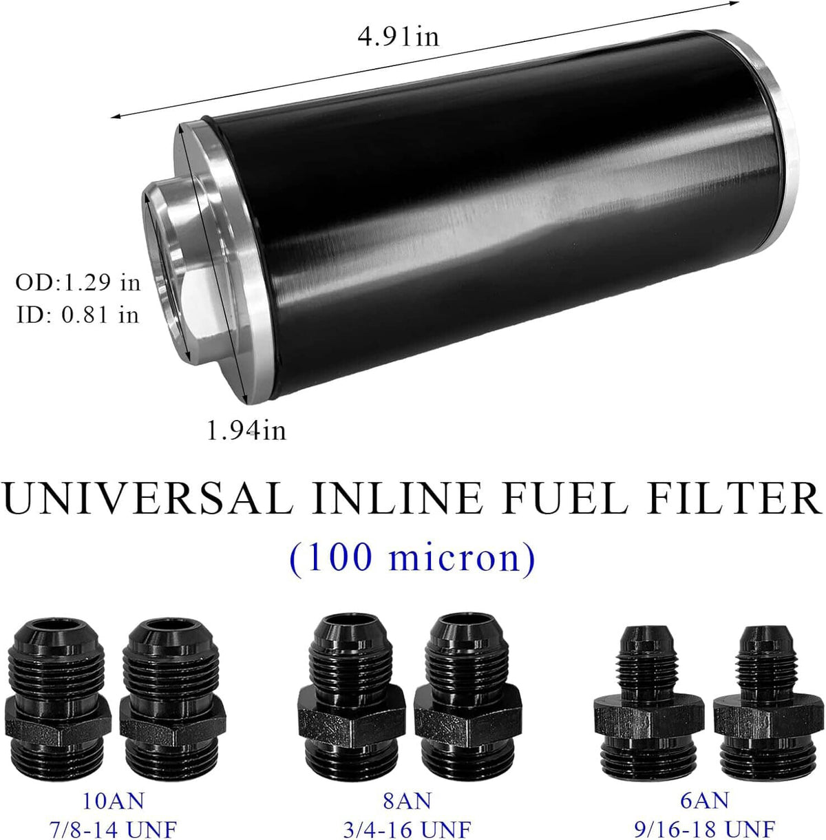 Solidspare High Flow Inline Fuel Filter 100 Micron Cleanable 6AN 8AN 10AN Adapter Universal