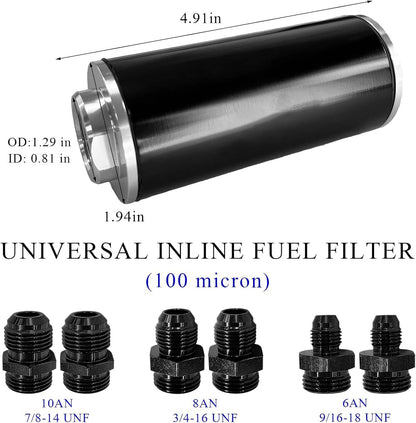 Solidspare High Flow Inline Fuel Filter 100 Micron Cleanable 6AN 8AN 10AN Adapter Universal