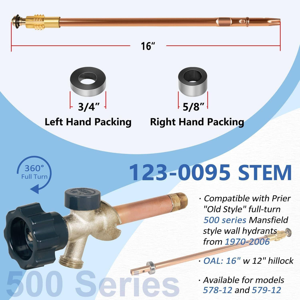 Solid Spare 123-0095 Stem Assembly 16" For Pier 500 Series Mansfield Style 12" Sillcock ASFP